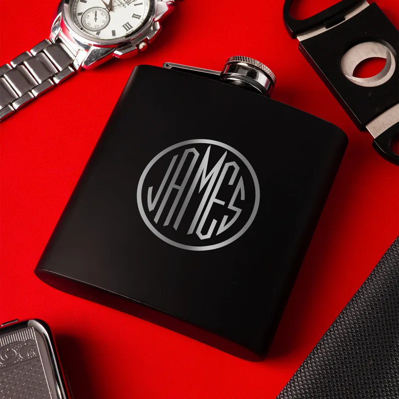 Personalized Monogram Logo Design Stainless Steel Matte Black Hip Flask