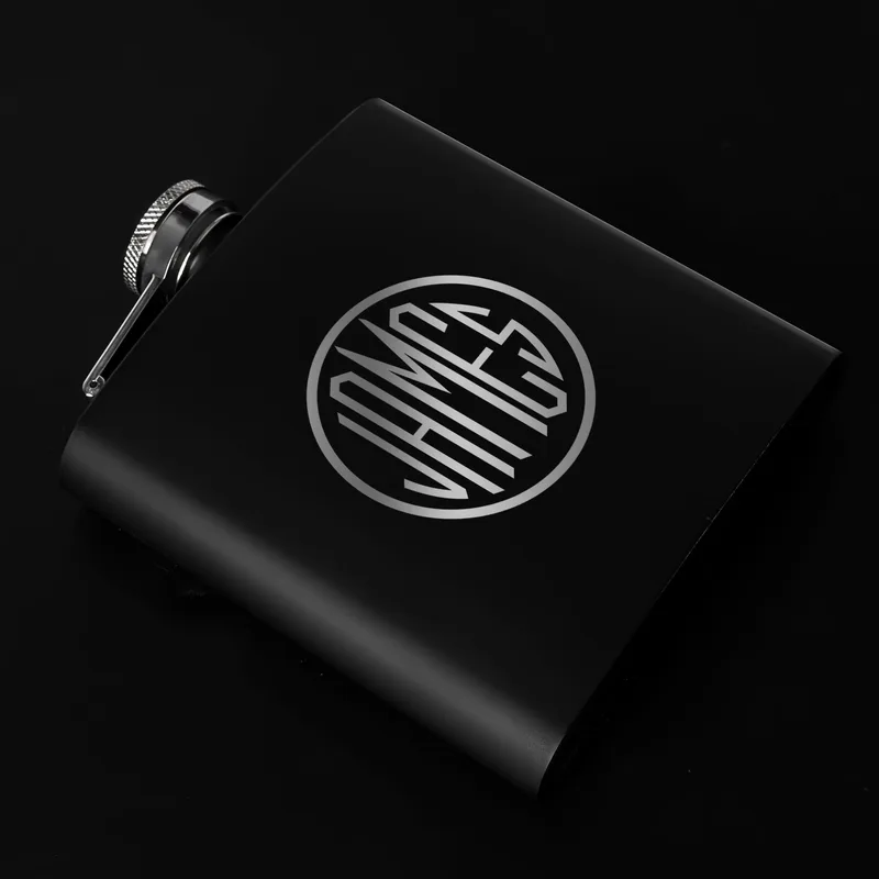 Personalized Monogram Logo Design Stainless Steel Matte Black Hip Flask