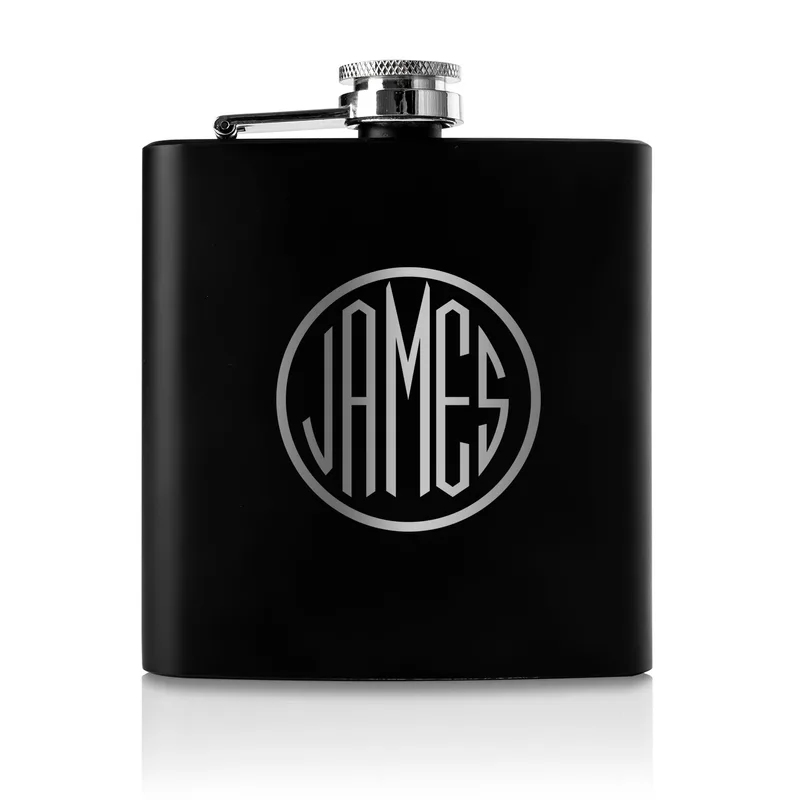 Personalized Monogram Logo Design Stainless Steel Matte Black Hip Flask