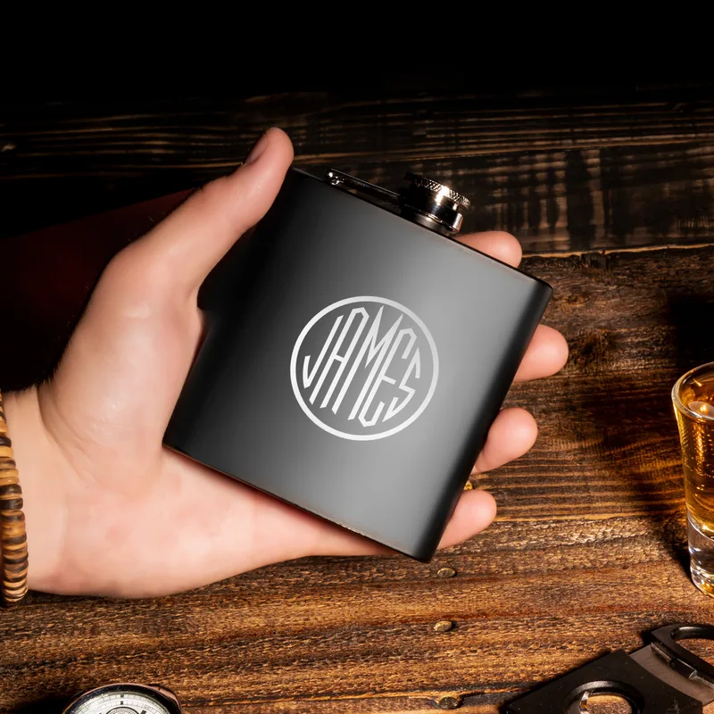 Personalized Monogram Logo Design Stainless Steel Matte Black Hip Flask