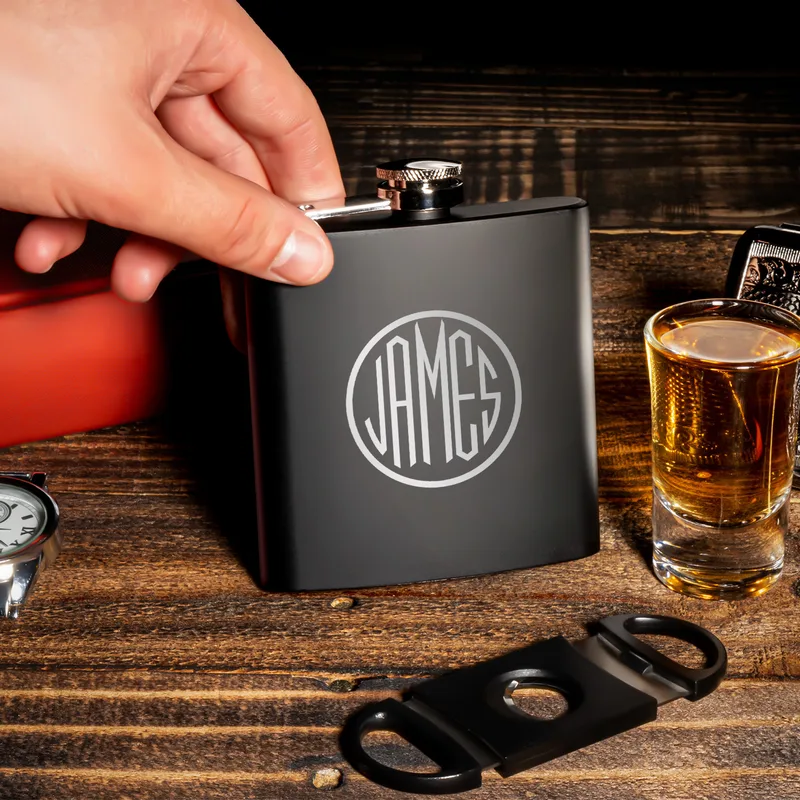 Personalized Monogram Logo Design Stainless Steel Matte Black Hip Flask