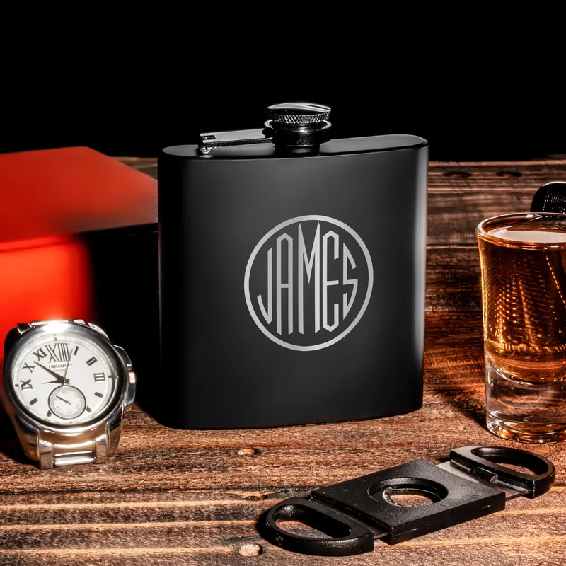 Personalized Monogram Logo Design Stainless Steel Matte Black Hip Flask