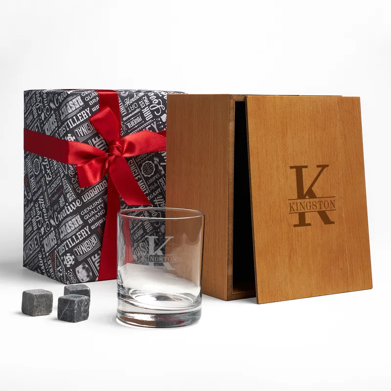Personalized Monogram Whiskey Glass Set with Wooden Box