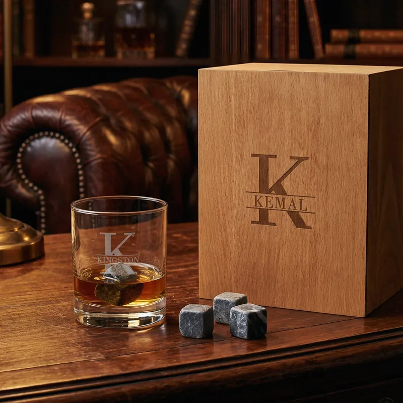 Personalised Monogram Whiskey Glass Set with Wooden Box