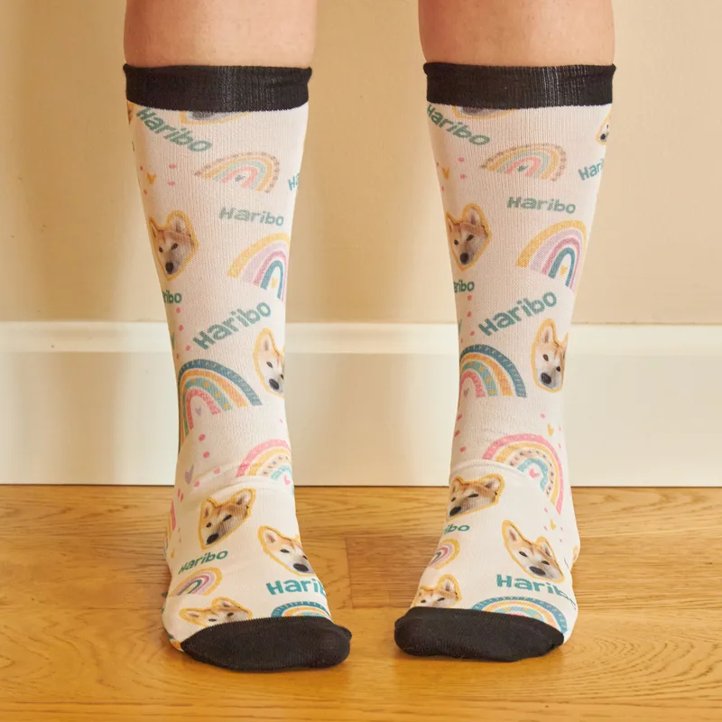 Personalized Multicolor Rainbow Dog Design Socks with Name and Picture