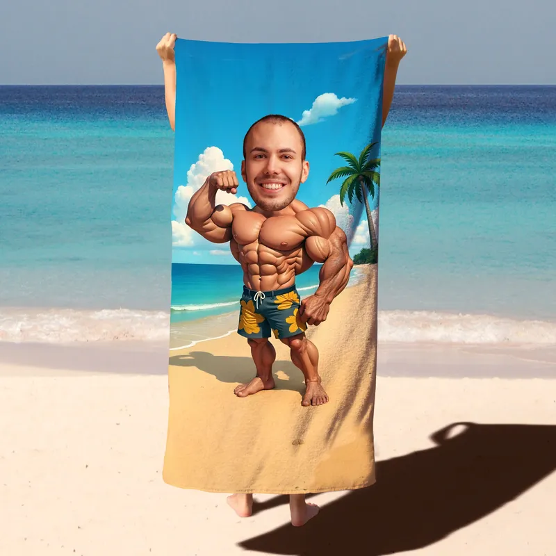 Personalised Muscle Man Cartoon Beach Towel for Men