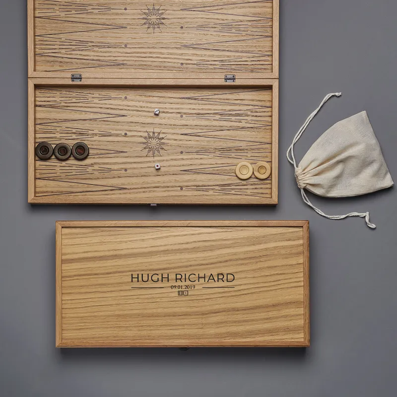 Personalized Name and Date VIP Oak Backgammon Set