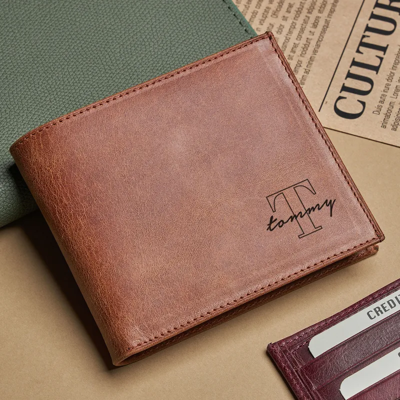 Personalized Name and Initial Vintage Leather Wallet