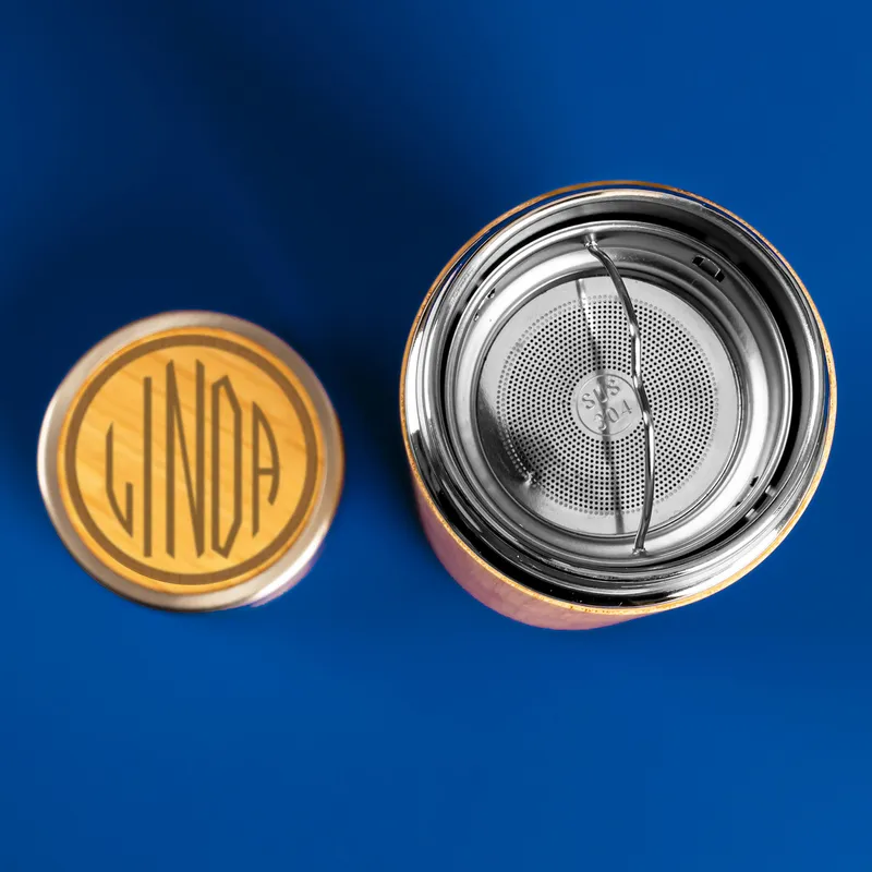 Personalized Name Printed Bamboo Thermos Flask with Tea Strainer