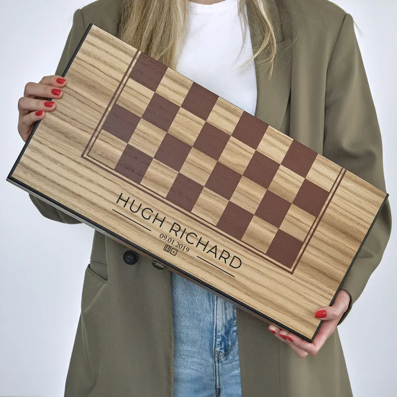 Personalized Oak Backgammon Set with Checkered Lid
