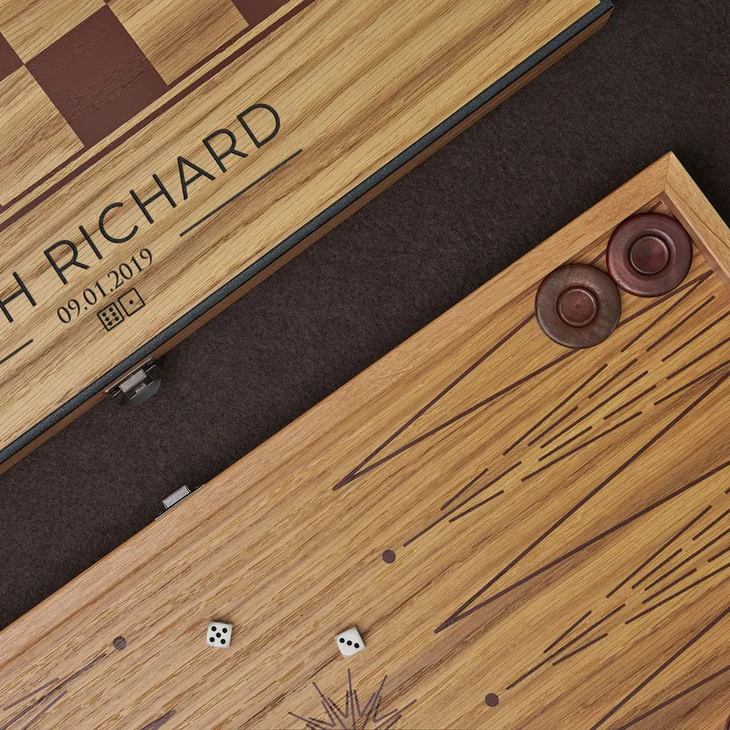 Personalized Oak Backgammon Set with Checkered Lid