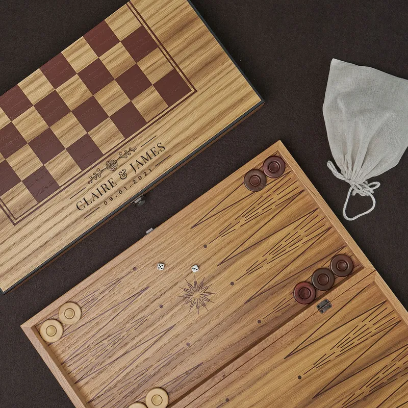 Personalized Oak Checkerboard Backgammon Set for Couples