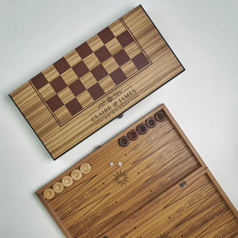 Personalized Oak Checkerboard Backgammon Set for Couples