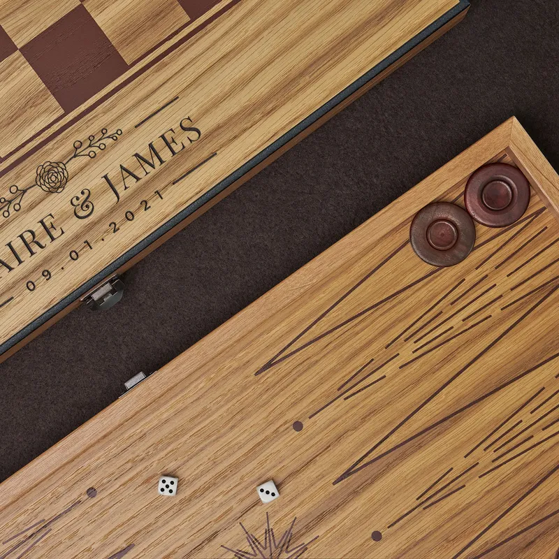 Personalized Oak Checkerboard Backgammon Set for Couples