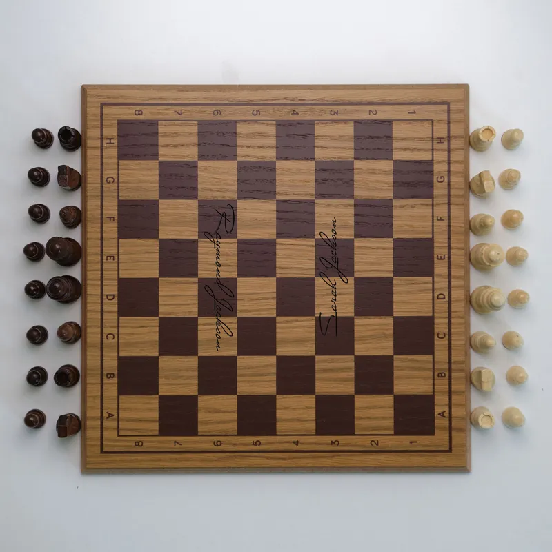 Personalised Oak Finish Square Chess Set with Signature