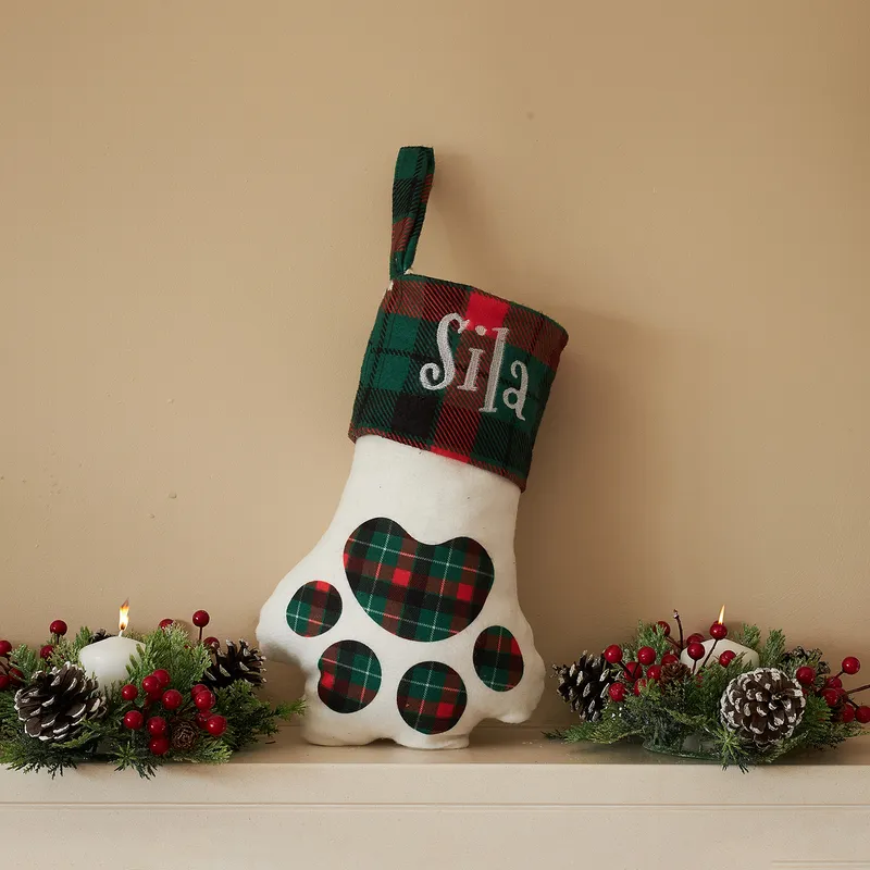Personalized Paw Print Christmas Stocking for Fireplace Decor