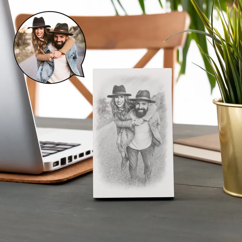 Personalized Photo Pencil Sketch Desk Frame Gift