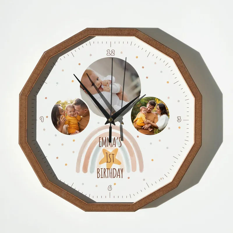 Personalised Wooden Photo Wall Clock for Baby and Kids' Rooms