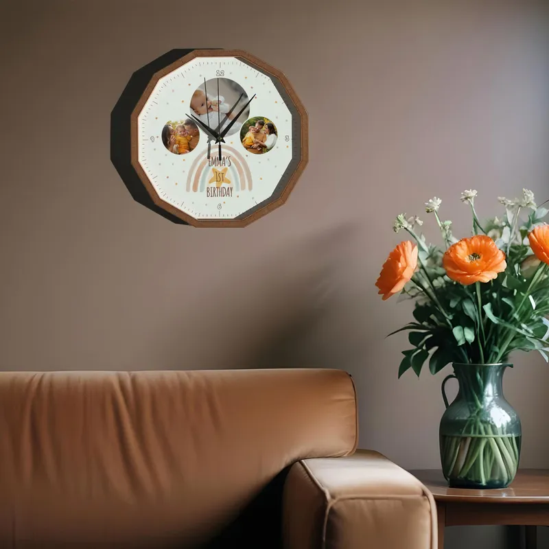 Personalised Wooden Photo Wall Clock for Baby and Kids' Rooms