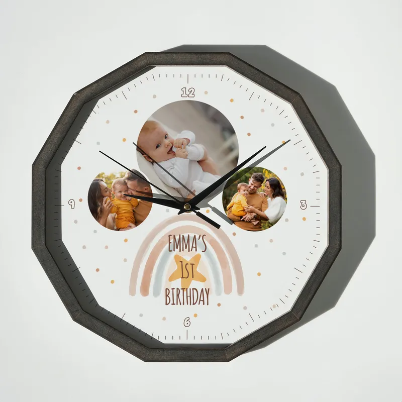 Personalised Wooden Photo Wall Clock for Baby and Kids' Rooms