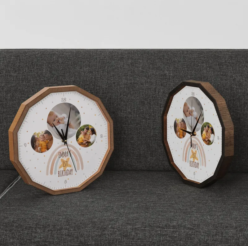 Personalised Wooden Photo Wall Clock for Baby and Kids' Rooms