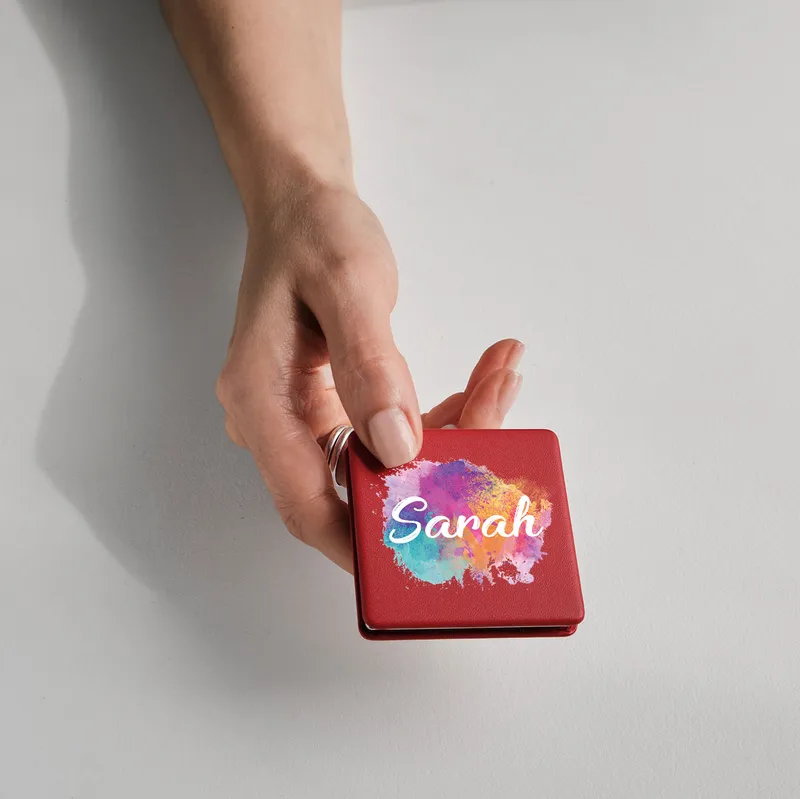 Personalized Red Compact Mirror with Watercolor Name Design