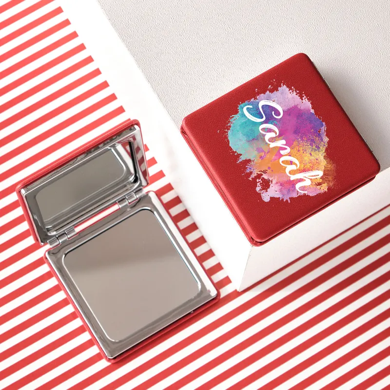 Personalized Red Compact Mirror with Watercolor Name Design