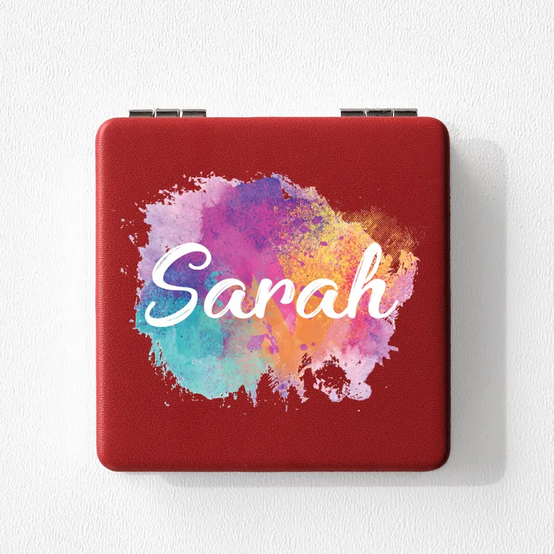 Personalized Red Compact Mirror with Watercolor Name Design