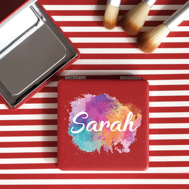 Personalized Red Compact Mirror with Watercolor Name Design