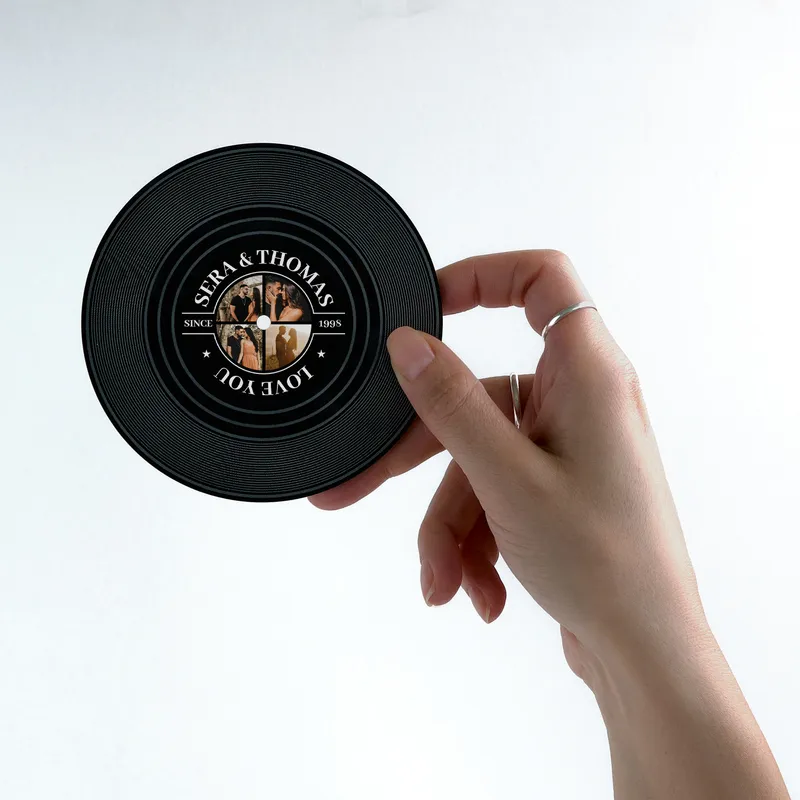 Personalized Retro Vinyl Record Coaster with Photo and Name