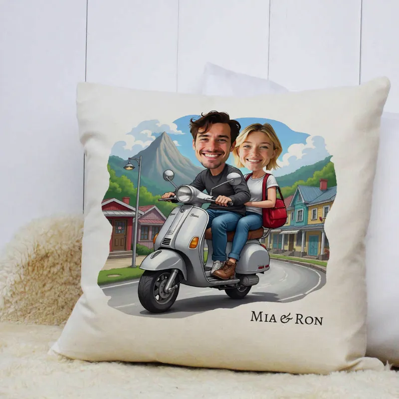 Personalised Scooter Couple Cartoon Cushion