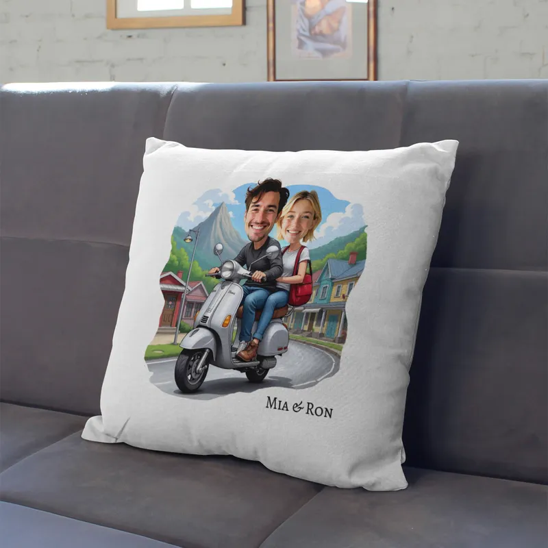 Personalised Scooter Couple Cartoon Cushion