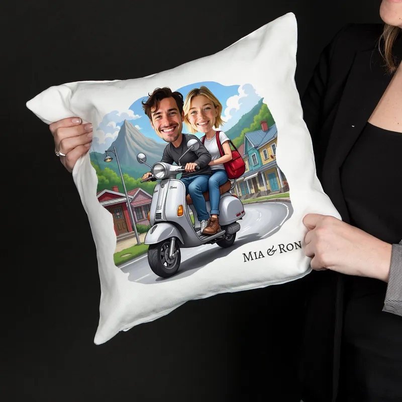 Personalised Scooter Couple Cartoon Cushion