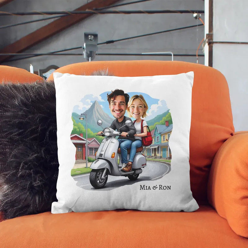 Personalised Scooter Couple Cartoon Cushion