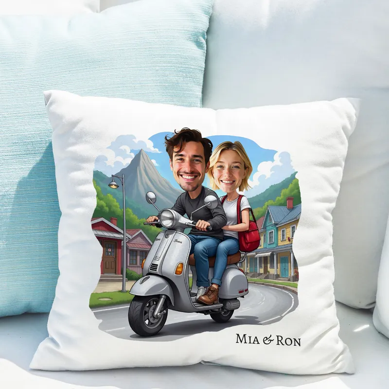Personalised Scooter Couple Cartoon Cushion