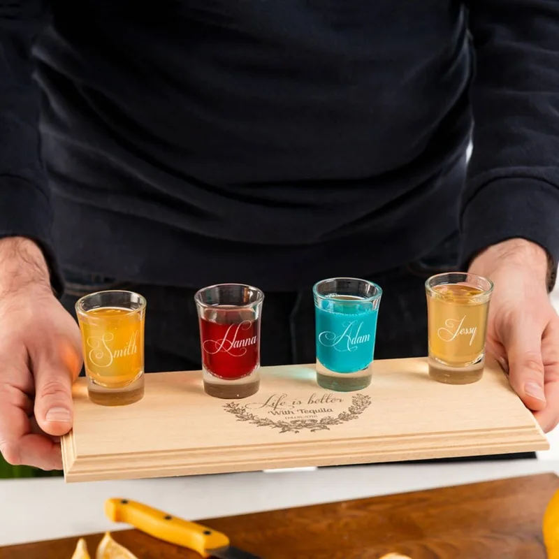 Personalized Set of 4 Shot Glasses and Trays with Name