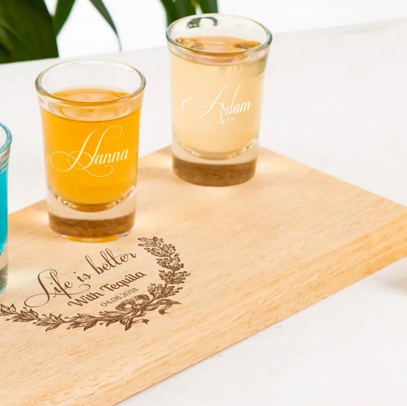 Personalized Set of 4 Shot Glasses and Trays with Name