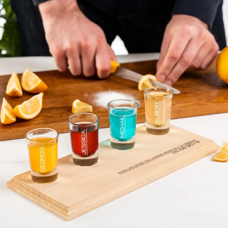 Personalised Shot Glass Set with Wooden Tray for Couples