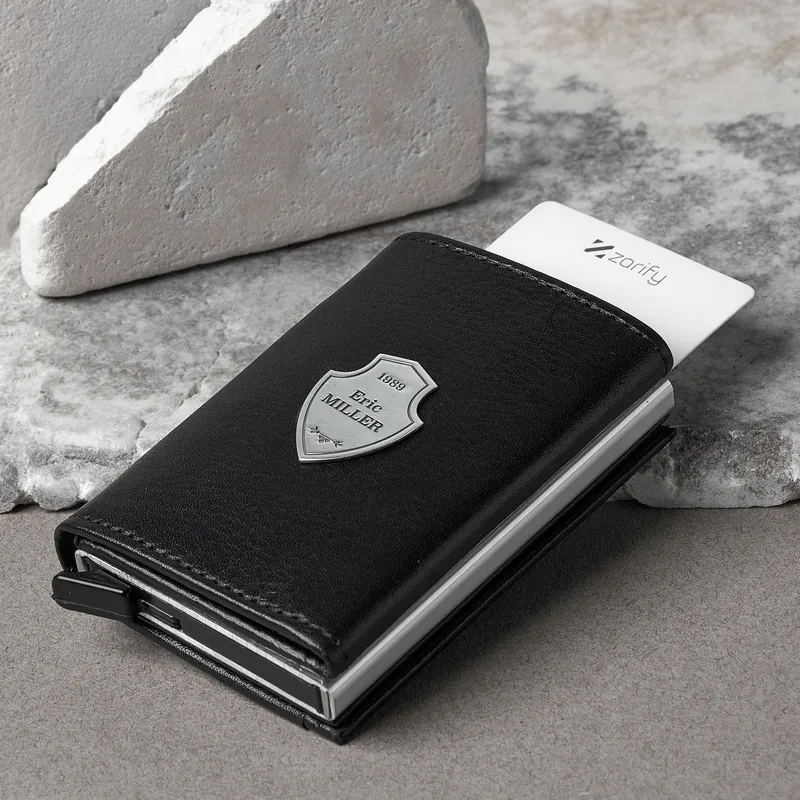 Personalized Silver Crest Automatic Leather Card Holder Wallet