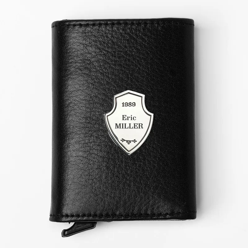 Personalized Silver Crest Automatic Leather Card Holder Wallet