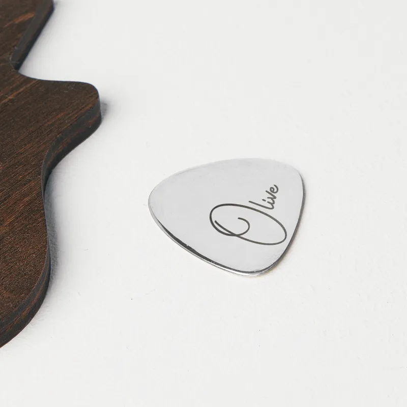 Personalized Silver Guitar Pick with Classic Wooden Case
