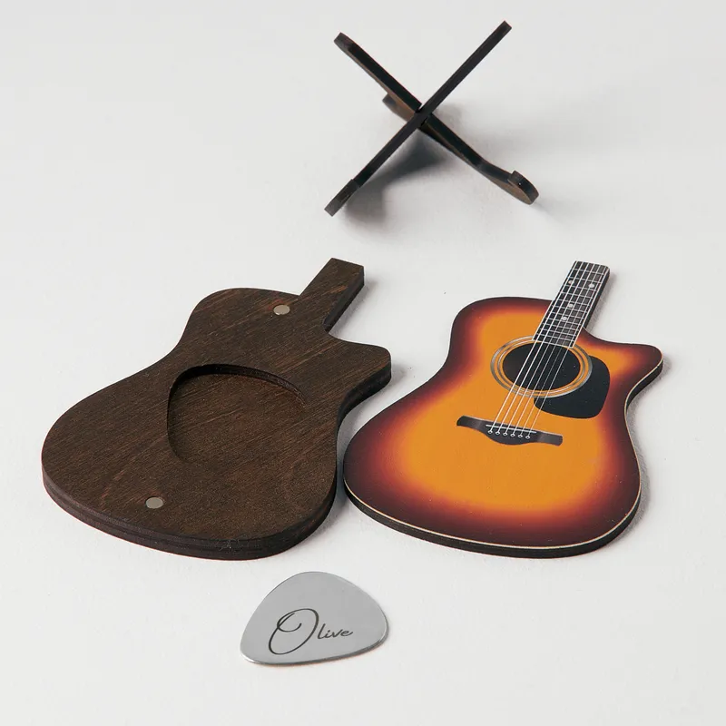 Personalized Silver Guitar Pick with Classic Wooden Case