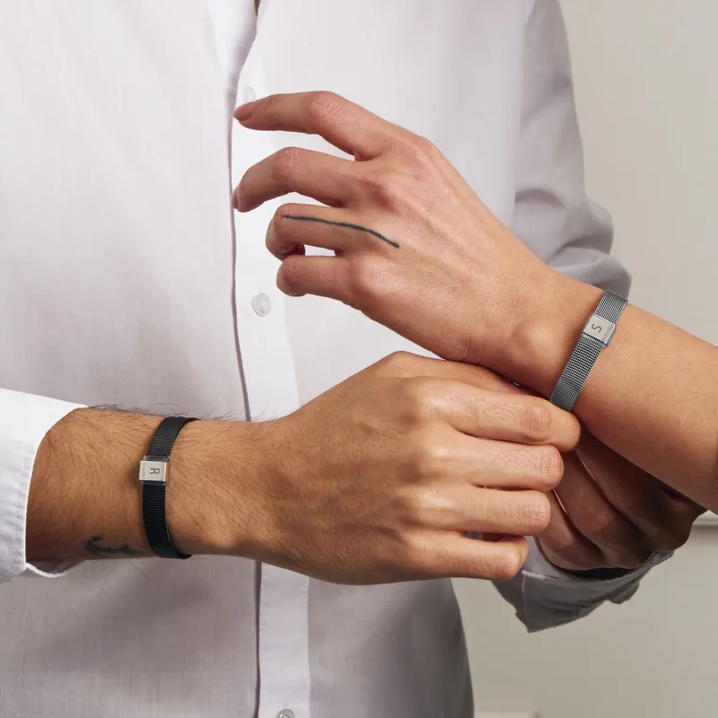 Personalized Steel Mesh Bracelet Set for Couples