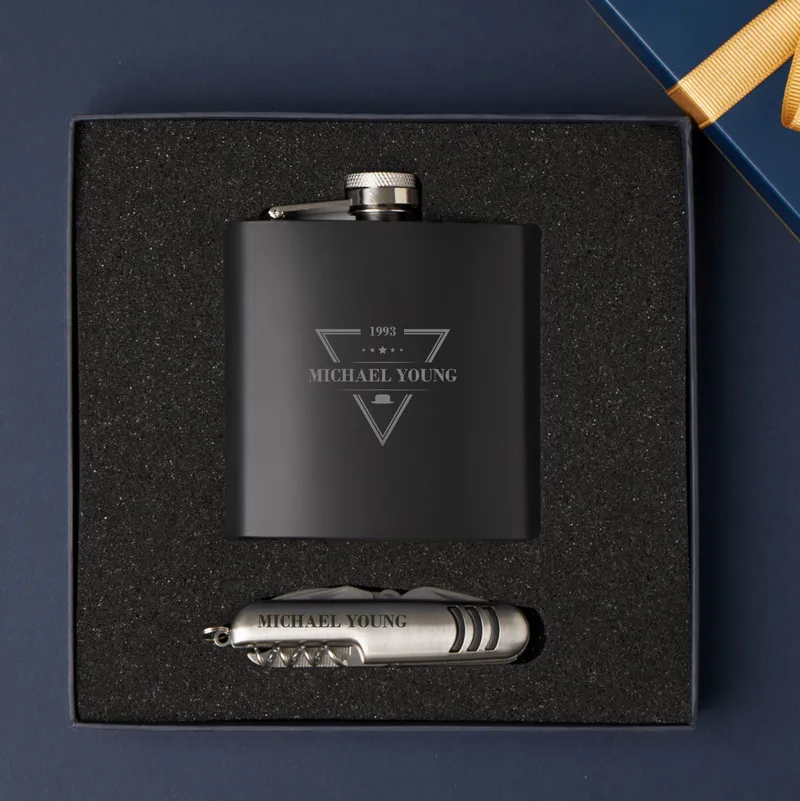 Personalized Stell Flask and Pocket Tool Gift Set for Him