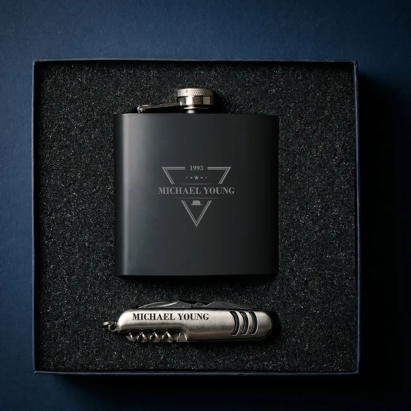 Personalized Stell Flask and Pocket Tool Gift Set for Him