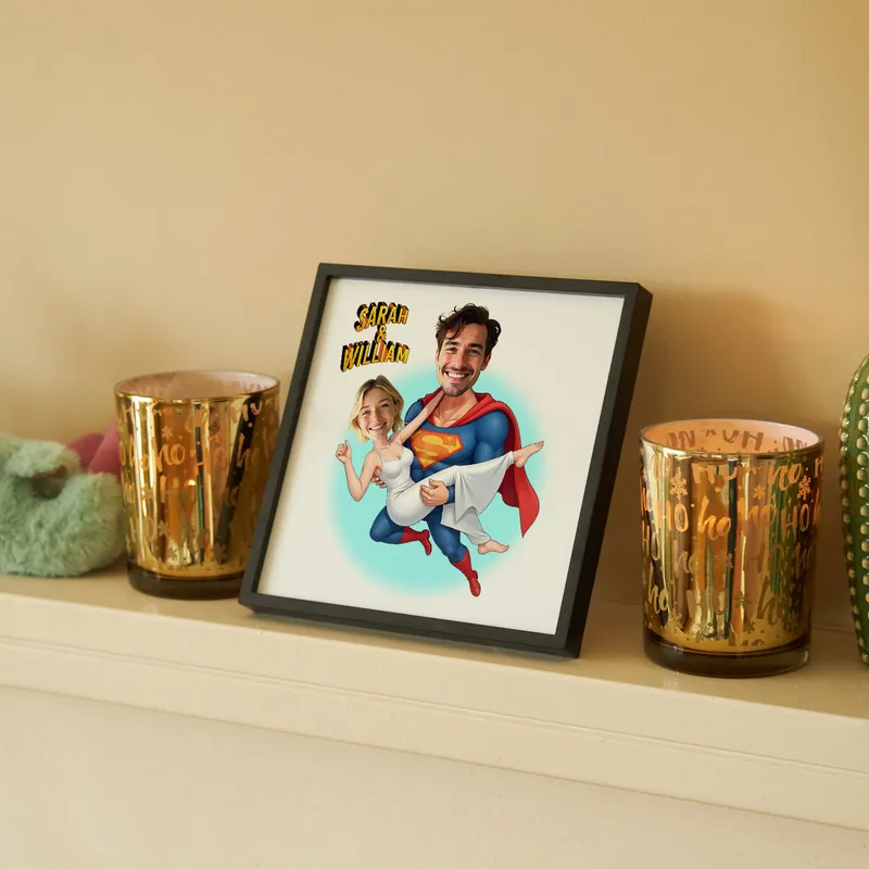 Personalized Superhero Caricature Frame for Couples