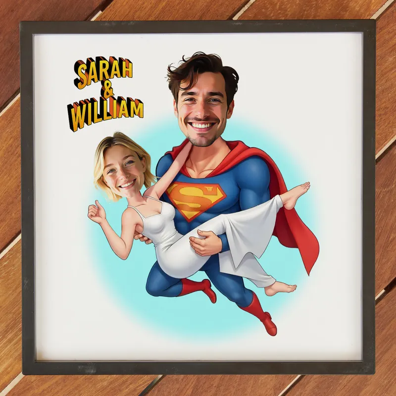 Personalized Superhero Caricature Frame for Couples