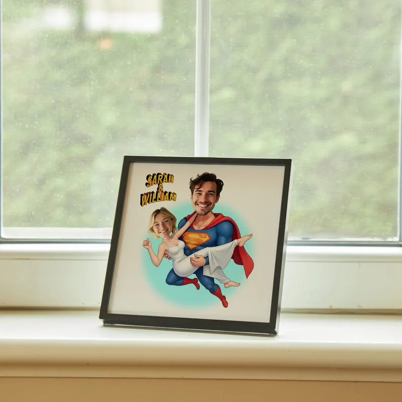 Personalized Superhero Caricature Frame for Couples