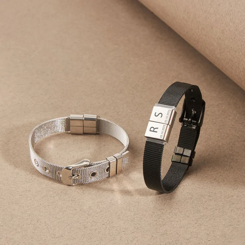Personalized Twin Clasp Men's Steel Mesh Bracelet with Engraved Initials and Date