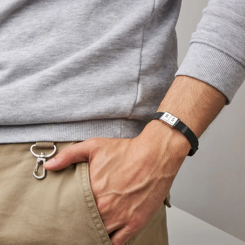 Personalized Twin Clasp Men's Steel Mesh Bracelet with Engraved Initials and Date